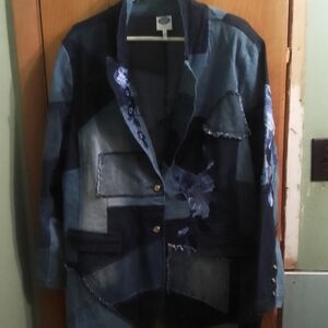 Patchwork Y2K VTG  Denim Jacket Embrodered  with Floral Accents Button Front Blz